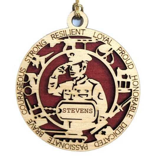 3" Wood US Marine Corps Ornament - Customizable Male Soldier Keepsake with Dog Tags - Handcrafted Military Christmas Decoration