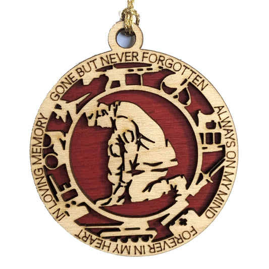 Patriotic Marine Soldier Kneeling Christmas Ornament - Handmade Wood Laser Cut Military Keepsake