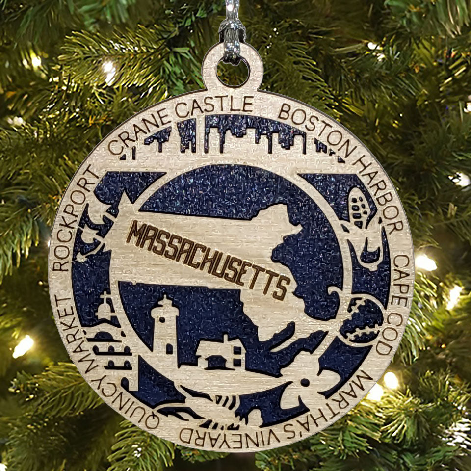 Massachussetts State Pride 3D Wood Laser Cut Ornament: Featuring Iconic Massachussetts Symbols and Custom Background Colors
