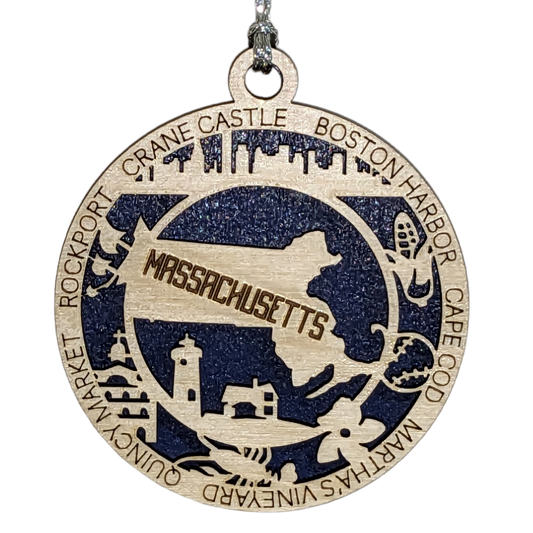 Massachussetts State Pride 3D Wood Laser Cut Ornament: Featuring Iconic Massachussetts Symbols and Custom Background Colors