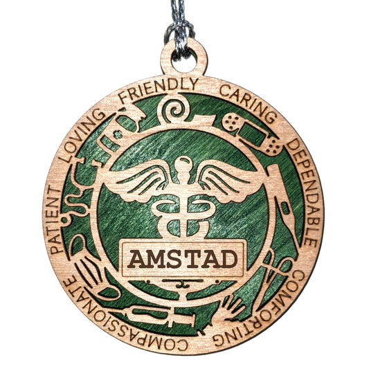 Handcrafted 3" Medical Christmas Ornament, 2-Layer Wood Design, Caduceus Symbol, Customizable Text, USA Made, Perfect Gift for Healthcare Professionals, Choose Background Color, Unique Holiday Decor
