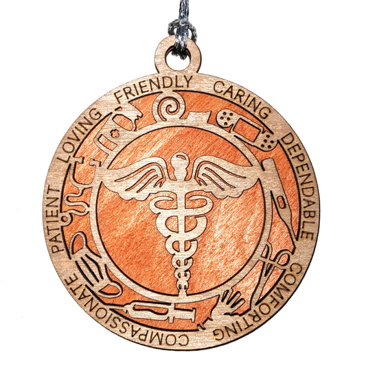 Handcrafted 3" Round Wooden Medical Christmas Ornament, 2-Layer Design with Caduceus & Medical Icons, Customizable Text & Color Background, Perfect Gift for Healthcare Professionals, Made in USA