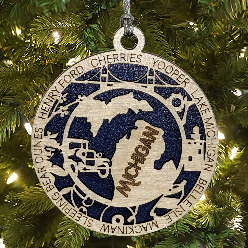 Michigan State Pride 3D Wood Laser Cut Ornament: Featuring Iconic Michigan Symbols and Custom Background Colors