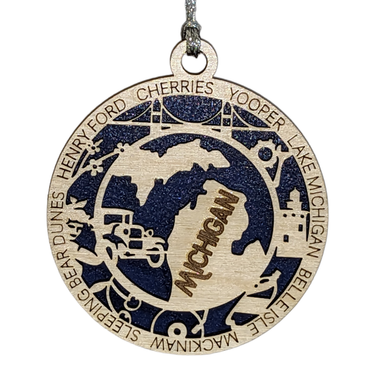 Michigan State Pride 3D Wood Laser Cut Ornament: Featuring Iconic Michigan Symbols and Custom Background Colors