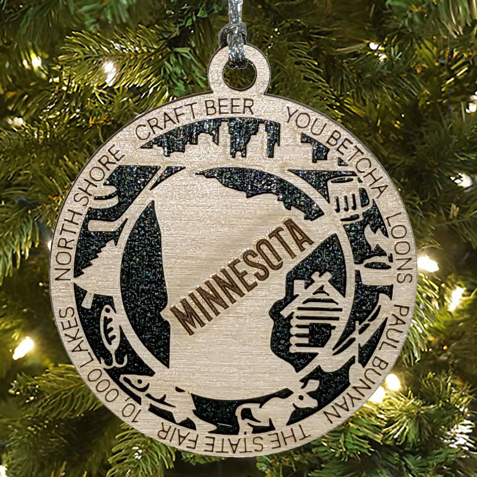 Minnesota State Pride 3D Wood Laser Cut Ornament: Featuring Iconic Minnesota Symbols and Custom Background Colors