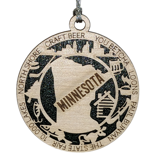Minnesota State Pride 3D Wood Laser Cut Ornament: Featuring Iconic Minnesota Symbols and Custom Background Colors