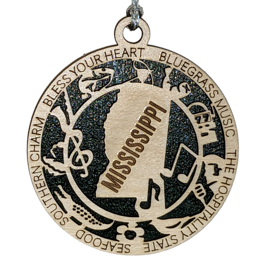 Mississippi State Pride 3D Wood Laser Cut Ornament: Featuring Iconic Mississippi Symbols and Custom Background Colors