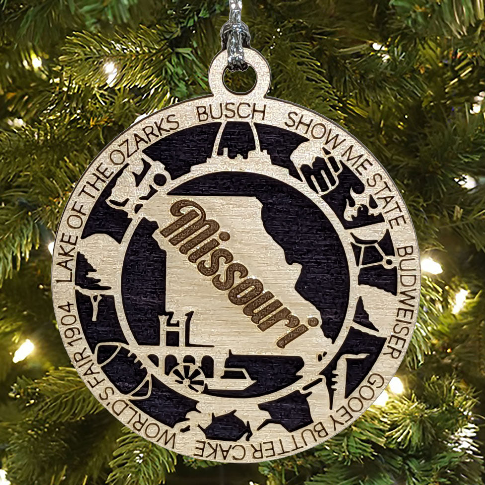 Missouri State Pride 3D Wood Laser Cut Ornament: Featuring Iconic Missouri Symbols and Custom Background Colors