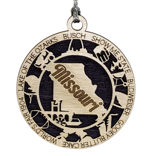 Missouri State Pride 3D Wood Laser Cut Ornament: Featuring Iconic Missouri Symbols and Custom Background Colors