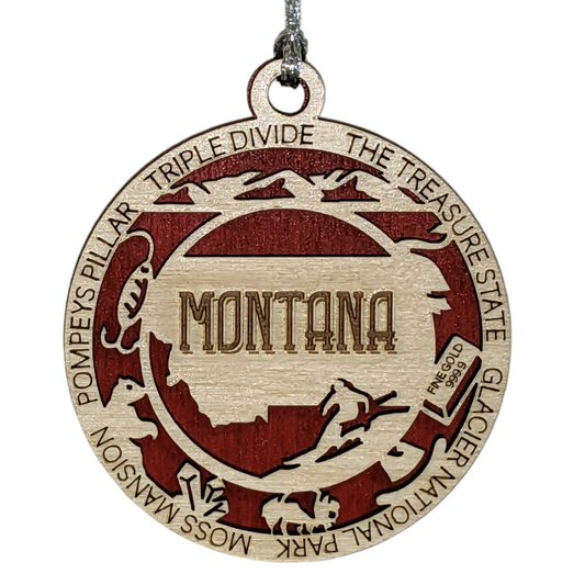 Montana State Pride 3D Wood Laser Cut Ornament: Featuring Iconic Montana Symbols and Custom Background Colors