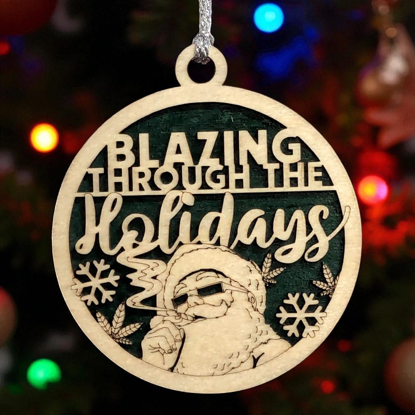 3" Round Two Layer Laser Cut Wooden Ornament - Funny Santa Weed Marijuana Design, Handmade in USA - Sarcastic Humor Christmas Decoration, Stoner Gag Gift, 420 Friendly Festive Xmas Tree Decor