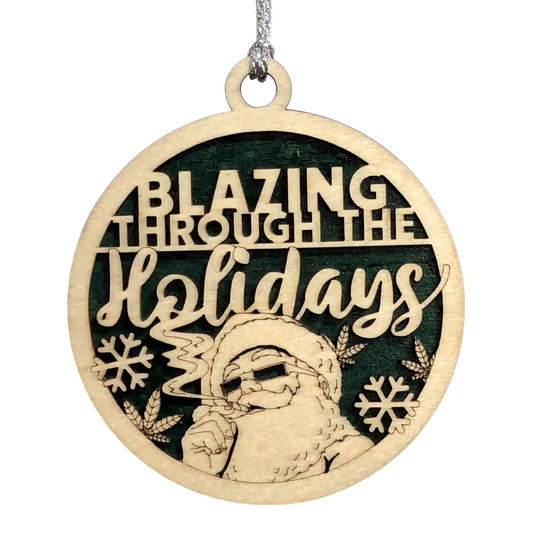 3" Round Two Layer Laser Cut Wooden Ornament - Funny Santa Weed Marijuana Design, Handmade in USA - Sarcastic Humor Christmas Decoration, Stoner Gag Gift, 420 Friendly Festive Xmas Tree Decor