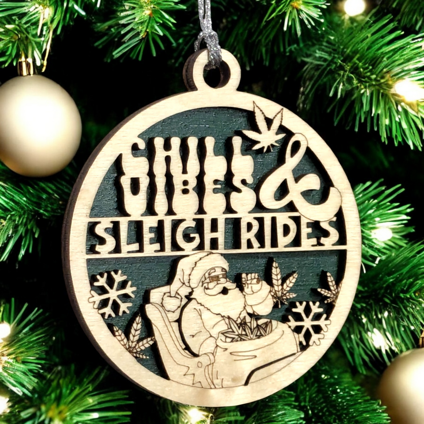 3" Round Two-Layer Laser Cut Ornament - Funny Santa Sleigh Weed Design, Handmade in USA, Natural Wood Stained & Painted - Chill Vibes Sarcastic Humor Adult Gag Gift Christmas Tree Decor