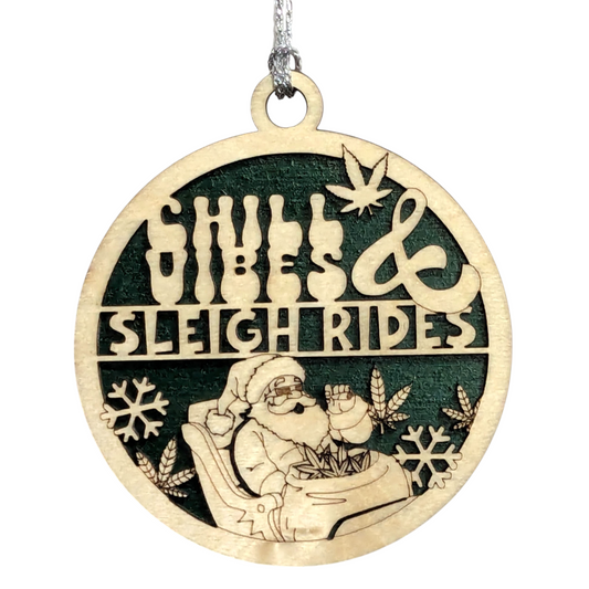 3" Round Two-Layer Laser Cut Ornament - Funny Santa Sleigh Weed Design, Handmade in USA, Natural Wood Stained & Painted - Chill Vibes Sarcastic Humor Adult Gag Gift Christmas Tree Decor
