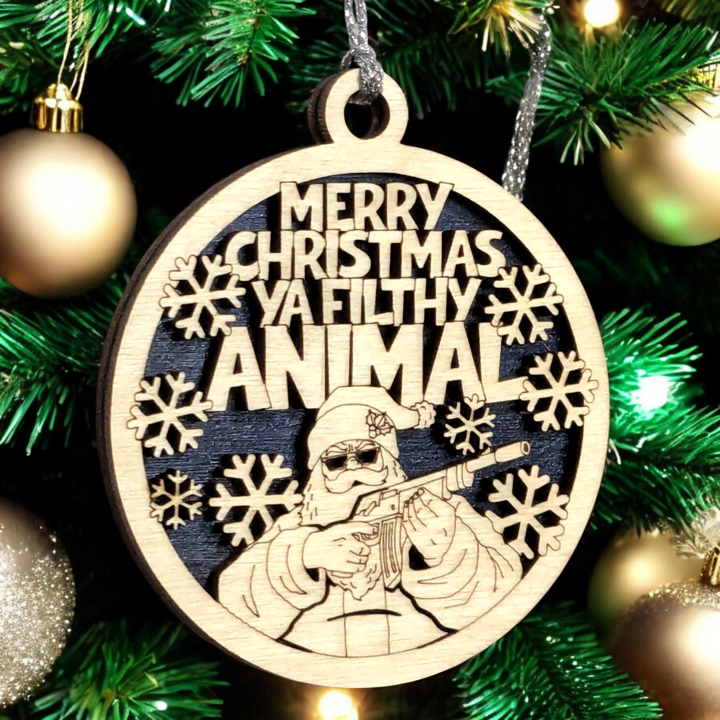 Funny Santa Rifle Christmas Ornament - 3" Round, Two Layer Laser Cut Wood Design with Snowflakes & 'Merry Christmas Ya Filthy Animal' Phrase, Handmade in USA, Rustic Holiday Tree Decoration Gift