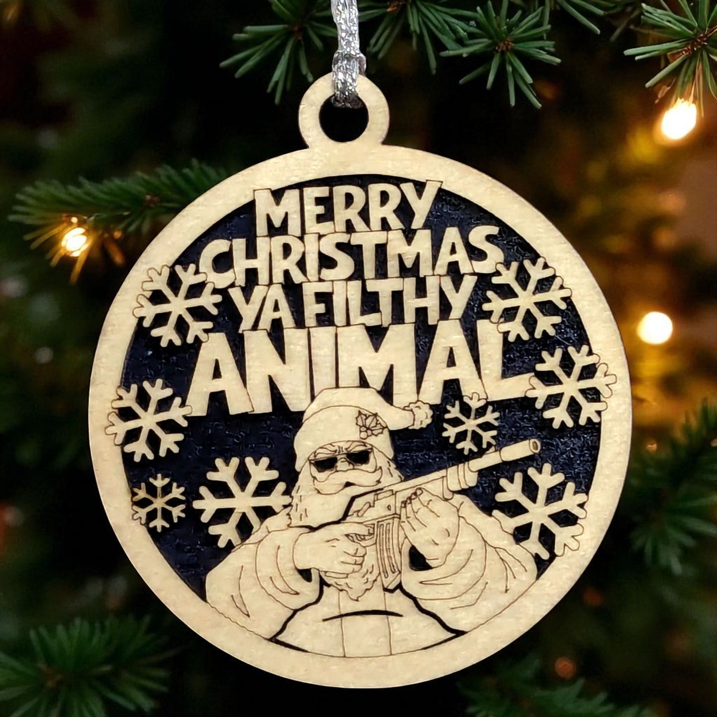 Funny Santa Rifle Christmas Ornament - 3" Round, Two Layer Laser Cut Wood Design with Snowflakes & 'Merry Christmas Ya Filthy Animal' Phrase, Handmade in USA, Rustic Holiday Tree Decoration Gift