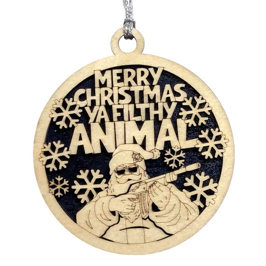 Funny Santa Rifle Christmas Ornament - 3" Round, Two Layer Laser Cut Wood Design with Snowflakes & 'Merry Christmas Ya Filthy Animal' Phrase, Handmade in USA, Rustic Holiday Tree Decoration Gift