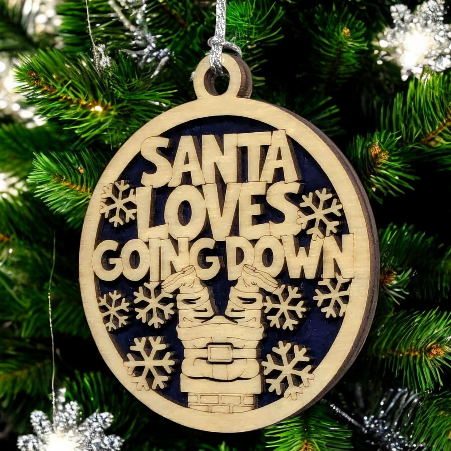 3" Round Two-Layer Laser Cut Ornament - Handcrafted in USA, Funny Santa Chimney Legs Design with Snowflakes, Natural Wood Top & Stained/Painted Bottom - Sarcastic Holiday Gag Gift for Christmas Decor
