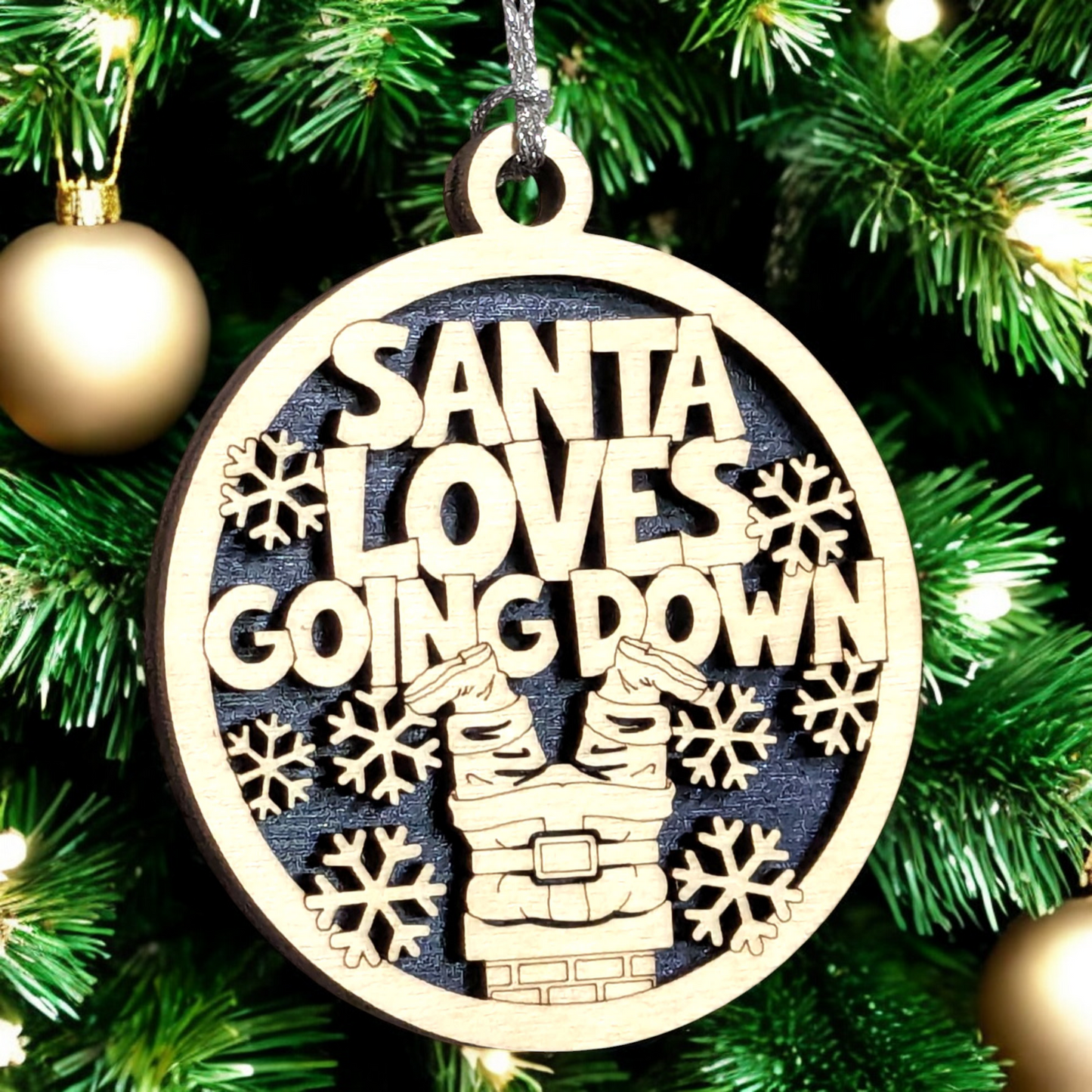 3" Round Two-Layer Laser Cut Ornament - Handcrafted in USA, Funny Santa Chimney Legs Design with Snowflakes, Natural Wood Top & Stained/Painted Bottom - Sarcastic Holiday Gag Gift for Christmas Decor