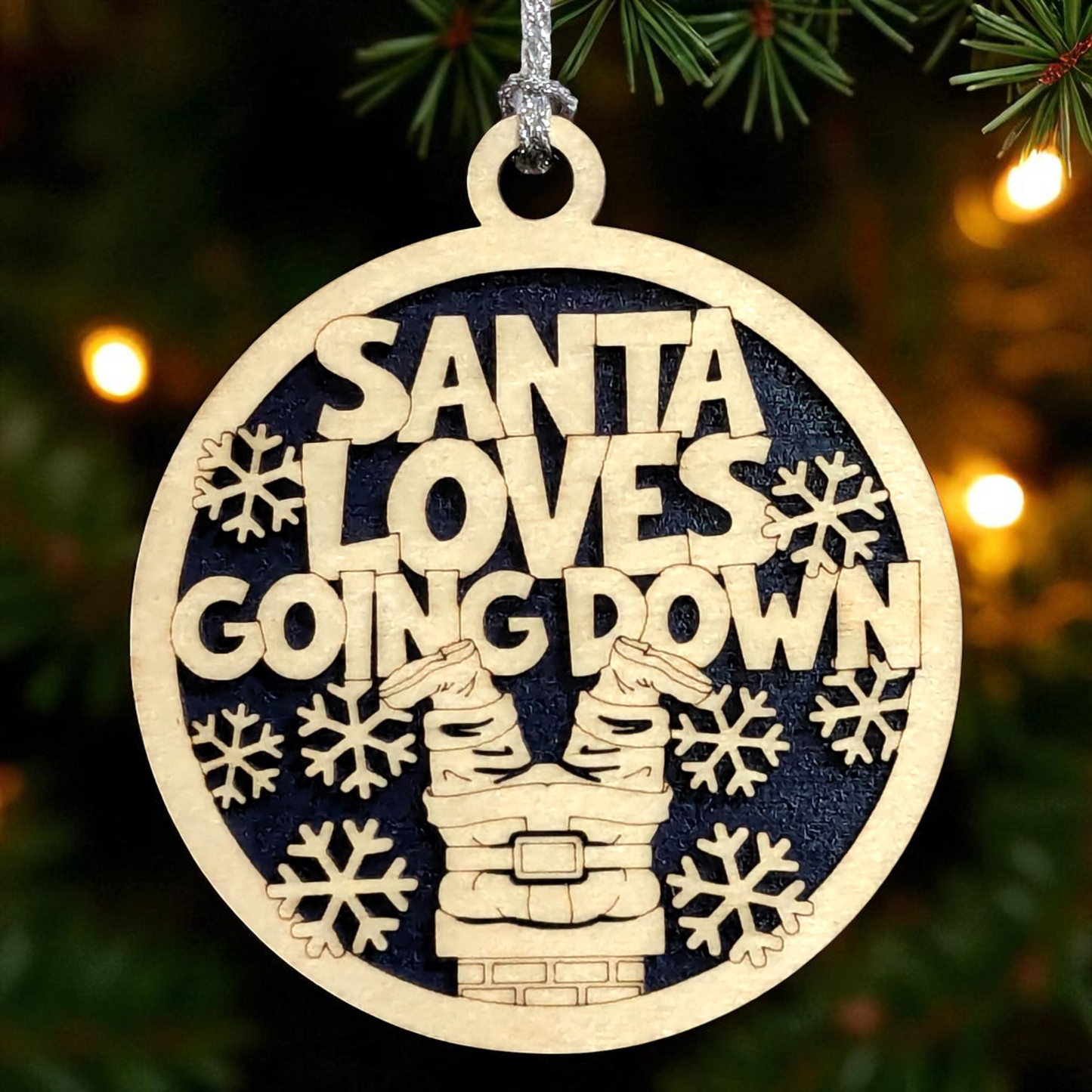 3" Round Two-Layer Laser Cut Ornament - Handcrafted in USA, Funny Santa Chimney Legs Design with Snowflakes, Natural Wood Top & Stained/Painted Bottom - Sarcastic Holiday Gag Gift for Christmas Decor