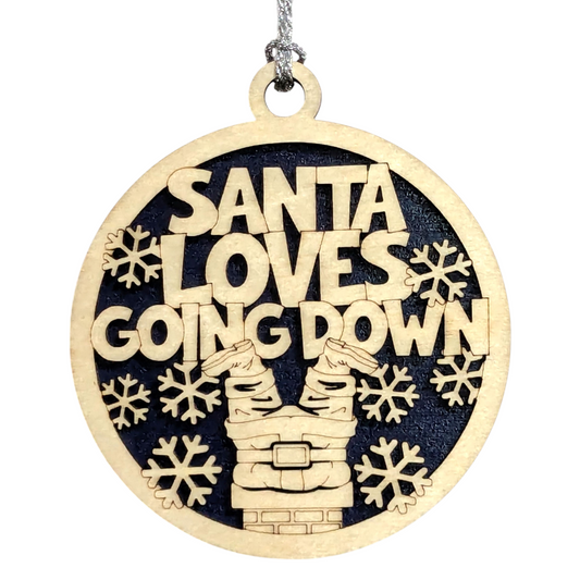 3" Round Two-Layer Laser Cut Ornament - Handcrafted in USA, Funny Santa Chimney Legs Design with Snowflakes, Natural Wood Top & Stained/Painted Bottom - Sarcastic Holiday Gag Gift for Christmas Decor