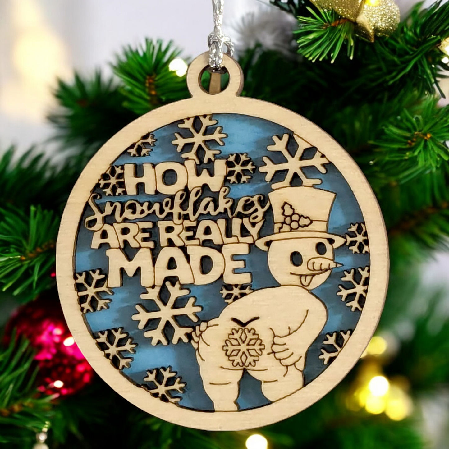 Naughty Snowman Christmas Ornament - How Snowflakes Are Really Made - Funny Adult Humor Laser Cut Wood Decoration