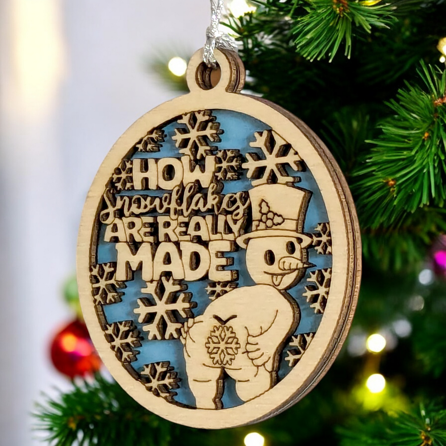 Naughty Snowman Christmas Ornament - How Snowflakes Are Really Made - Funny Adult Humor Laser Cut Wood Decoration
