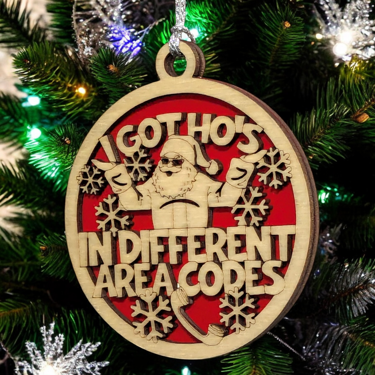 3" Round Two Layer Laser Cut Ornament - Funny Santa Claus Sarcastic Humor Holiday Decor, Handmade in USA, Natural Wood Xmas Tree Decoration, Adult Gag Gift with Snowflakes & Joke Phrase