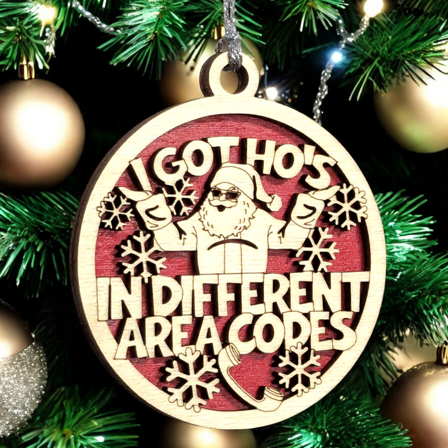 3" Round Two Layer Laser Cut Ornament - Funny Santa Claus Sarcastic Humor Holiday Decor, Handmade in USA, Natural Wood Xmas Tree Decoration, Adult Gag Gift with Snowflakes & Joke Phrase