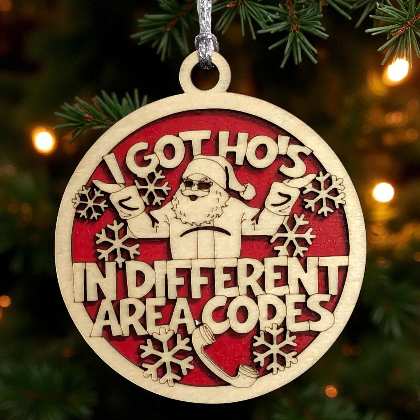 3" Round Two Layer Laser Cut Ornament - Funny Santa Claus Sarcastic Humor Holiday Decor, Handmade in USA, Natural Wood Xmas Tree Decoration, Adult Gag Gift with Snowflakes & Joke Phrase