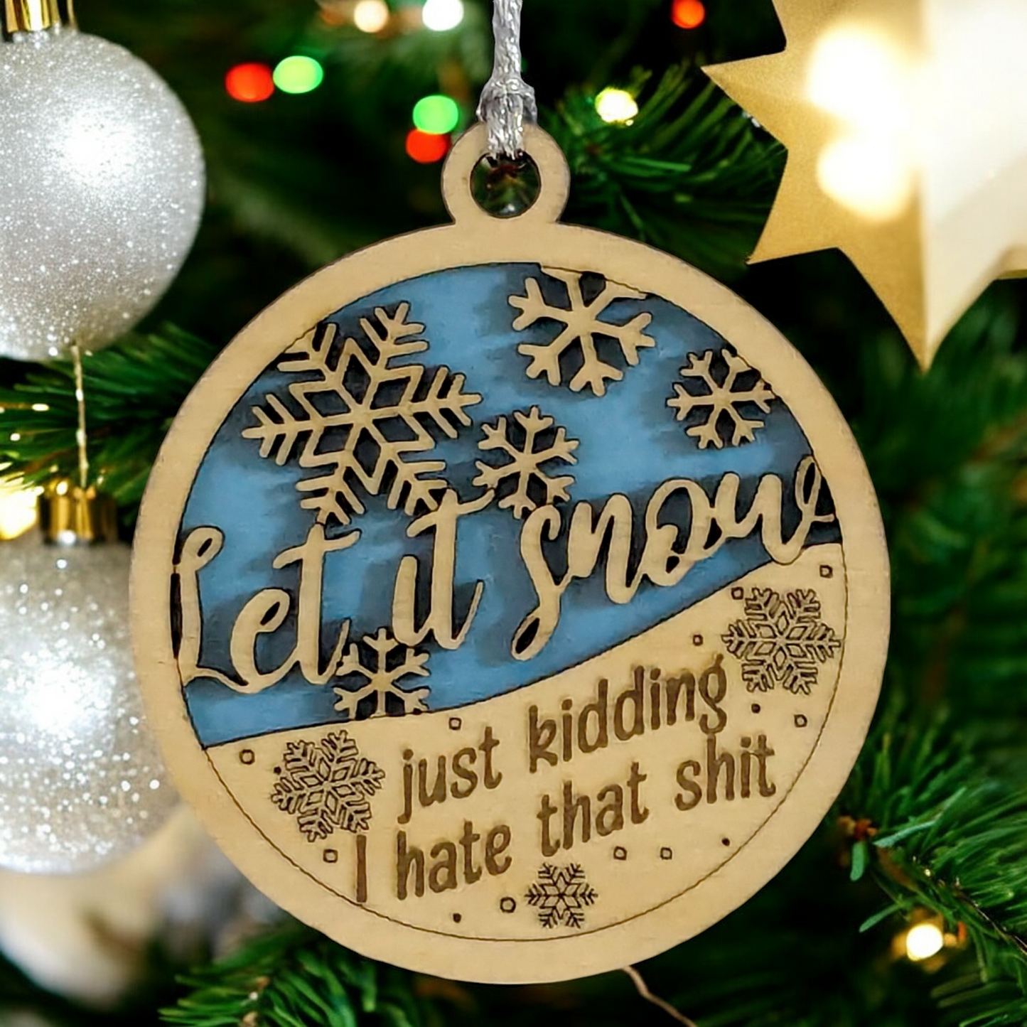 Funny Adult Christmas Ornament - 3" Wooden "Let It Snow" Gag Gift - Handcrafted in Oregon USA