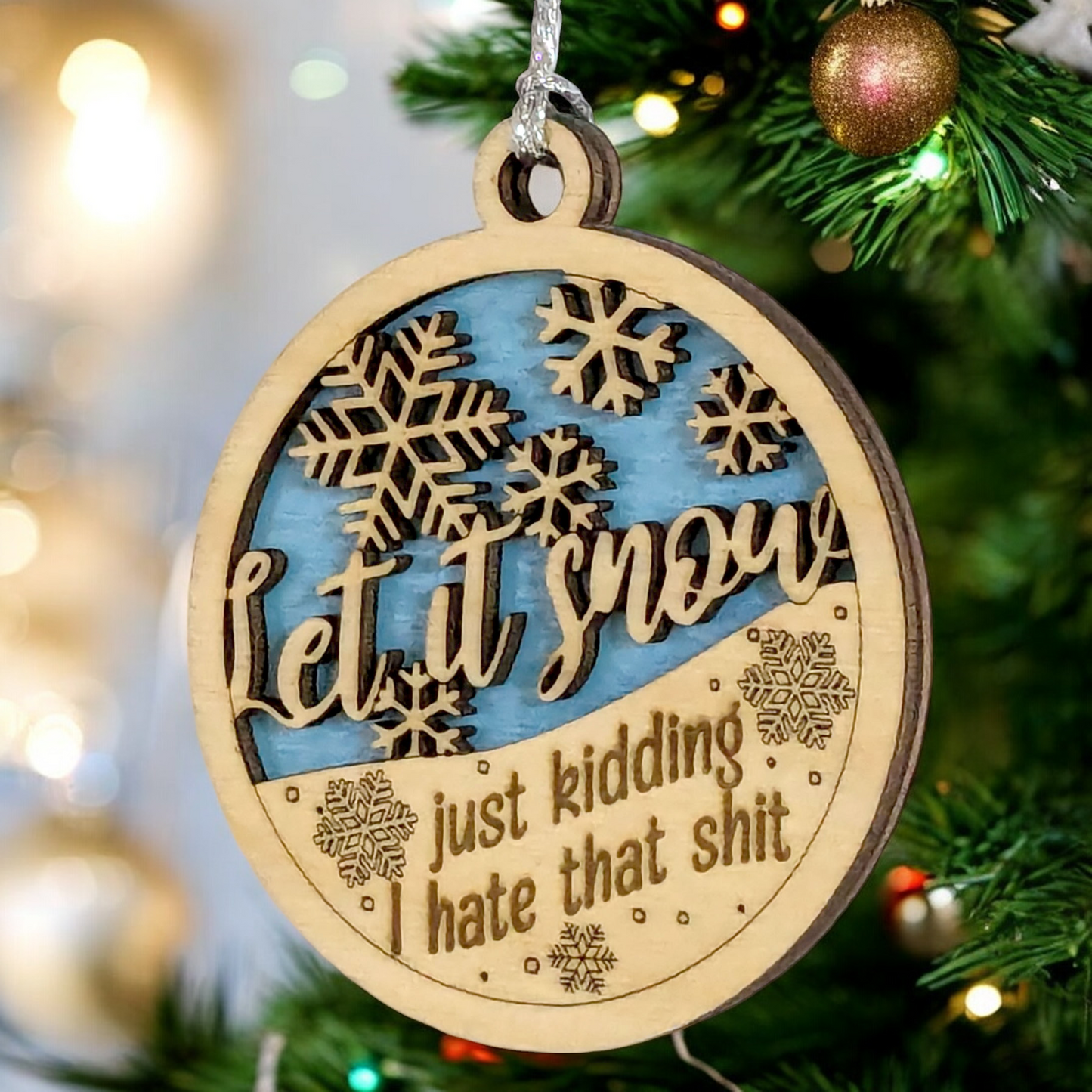 Funny Adult Christmas Ornament - 3" Wooden "Let It Snow" Gag Gift - Handcrafted in Oregon USA