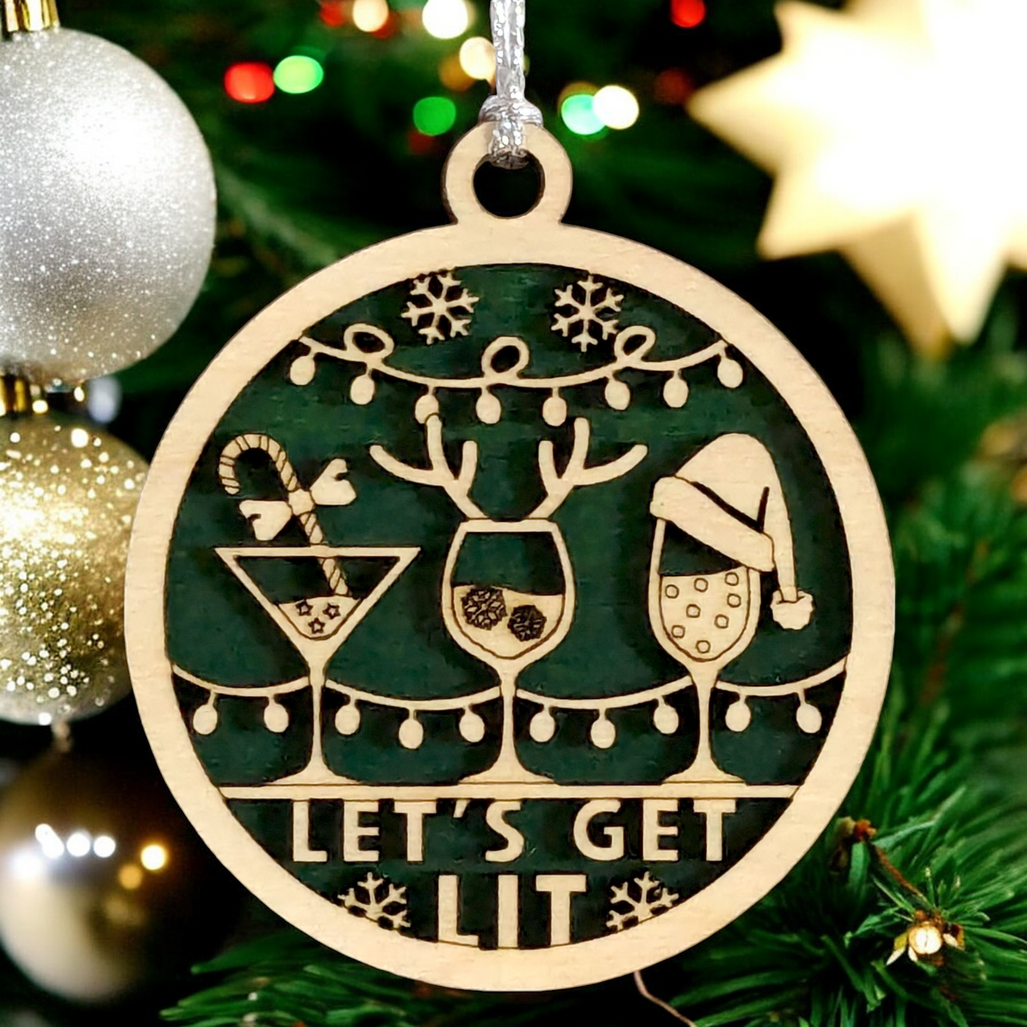 Funny Adult Holiday Decor - 3" Wood Ornament with "Let's Get Lit" and Cocktail Glasses - Handmade in Oregon