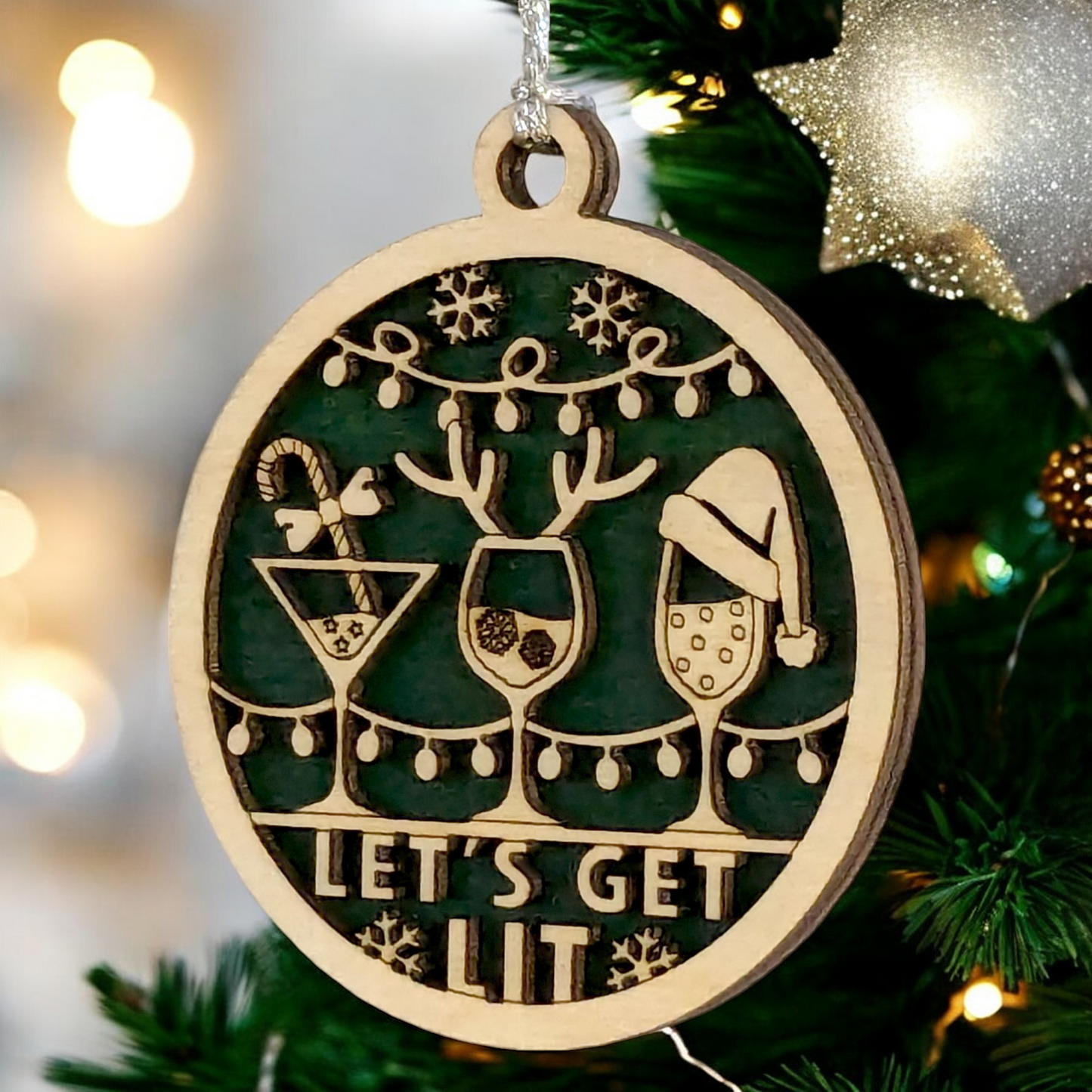 Funny Adult Holiday Decor - 3" Wood Ornament with "Let's Get Lit" and Cocktail Glasses - Handmade in Oregon