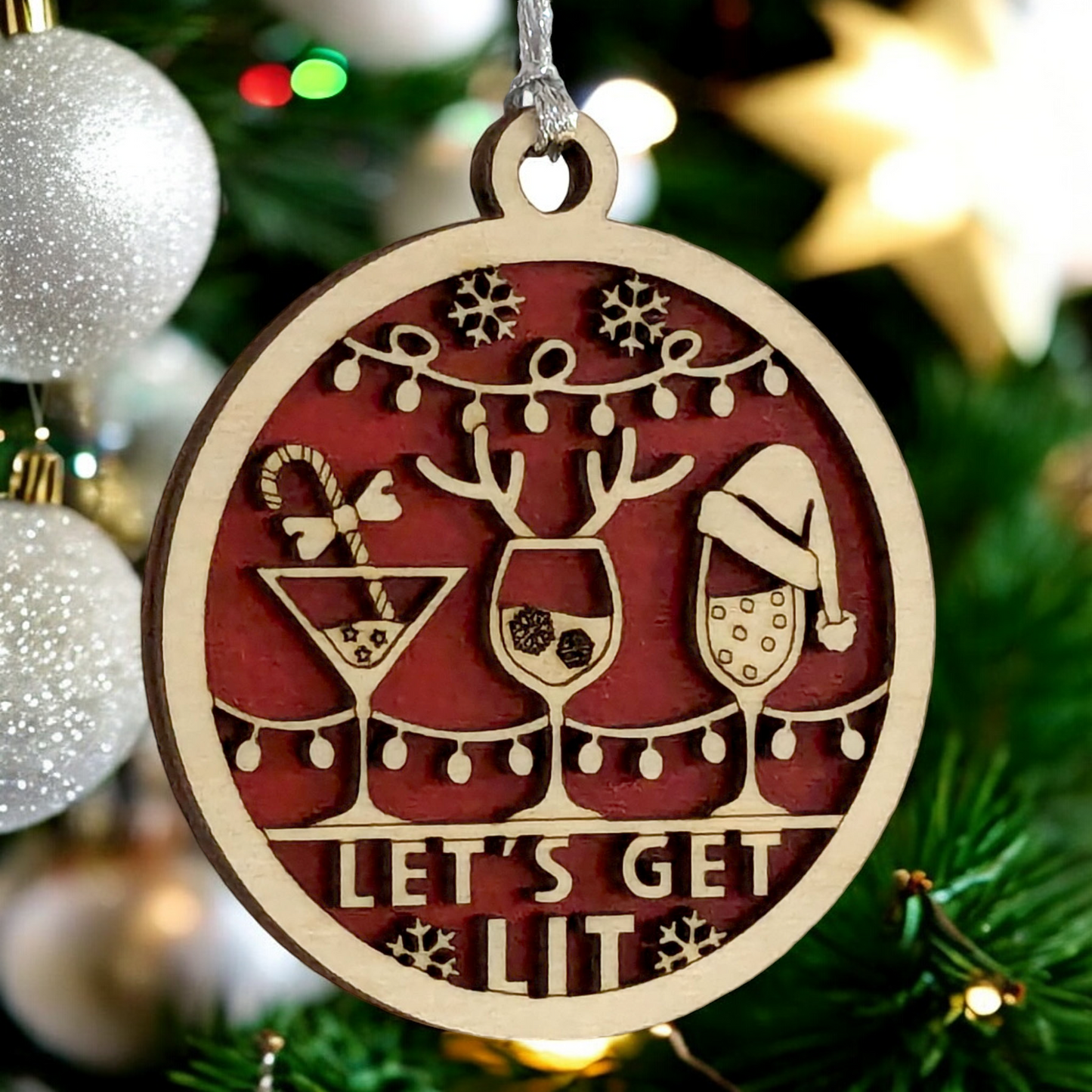 Funny Adult Holiday Decor - 3" Wood Ornament with "Let's Get Lit" and Cocktail Glasses - Handmade in Oregon
