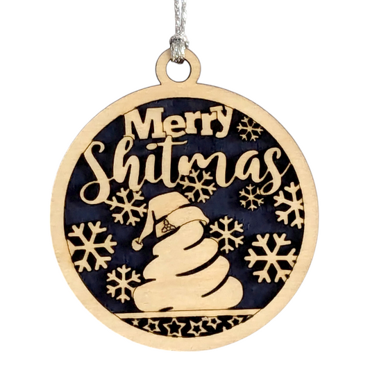 Naughty "Merry Shitmas" 3" Wood Ornament - Funny Adult Gag Gift for Christmas Tree Decor