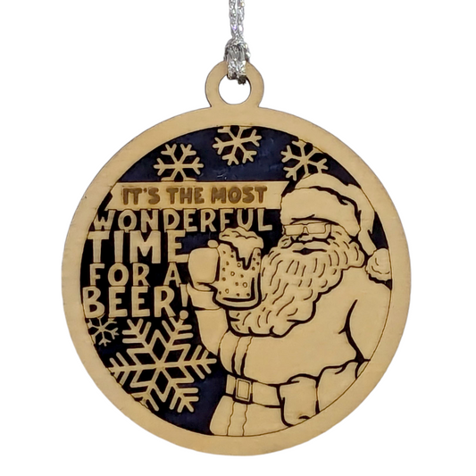 Funny Santa Beer Christmas Ornament - Naughty Wood Laser Cut Decoration - Handmade in USA