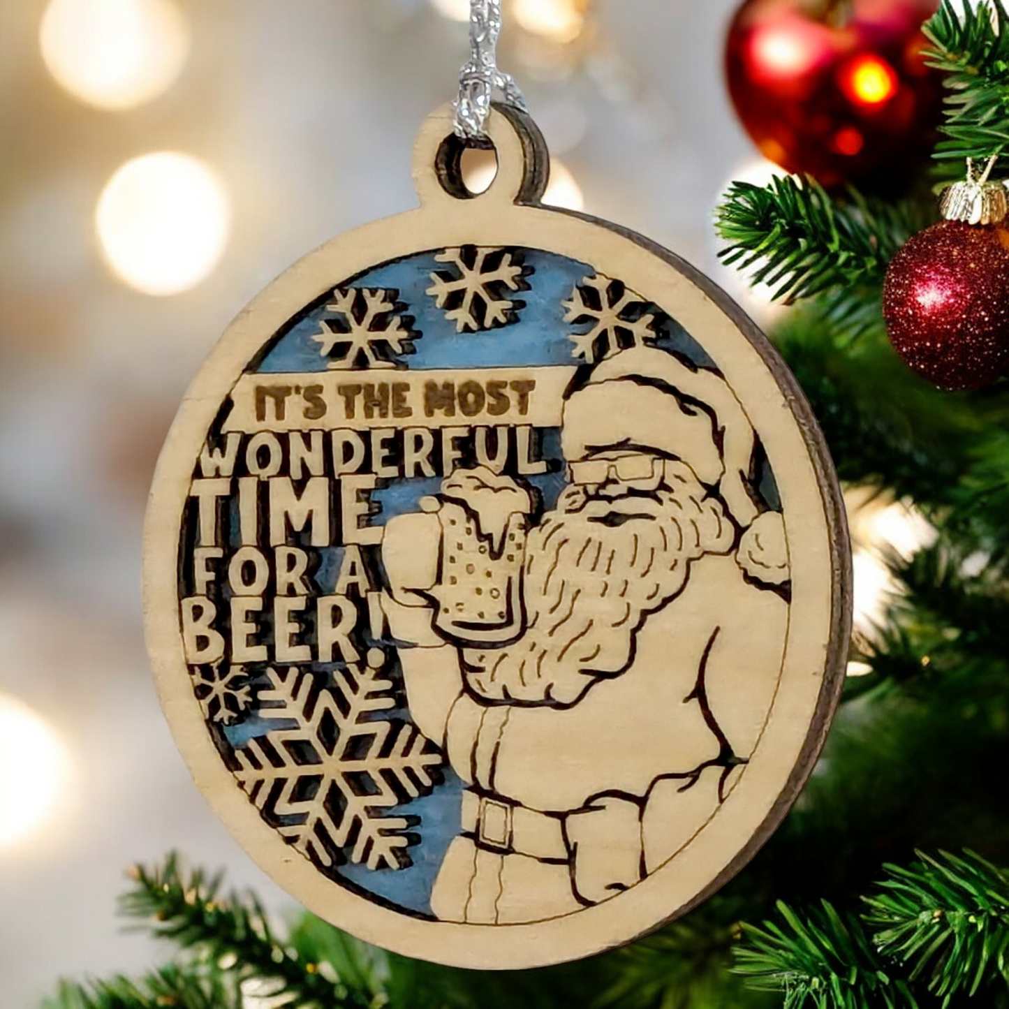 Funny Santa Beer Christmas Ornament - Naughty Wood Laser Cut Decoration - Handmade in USA