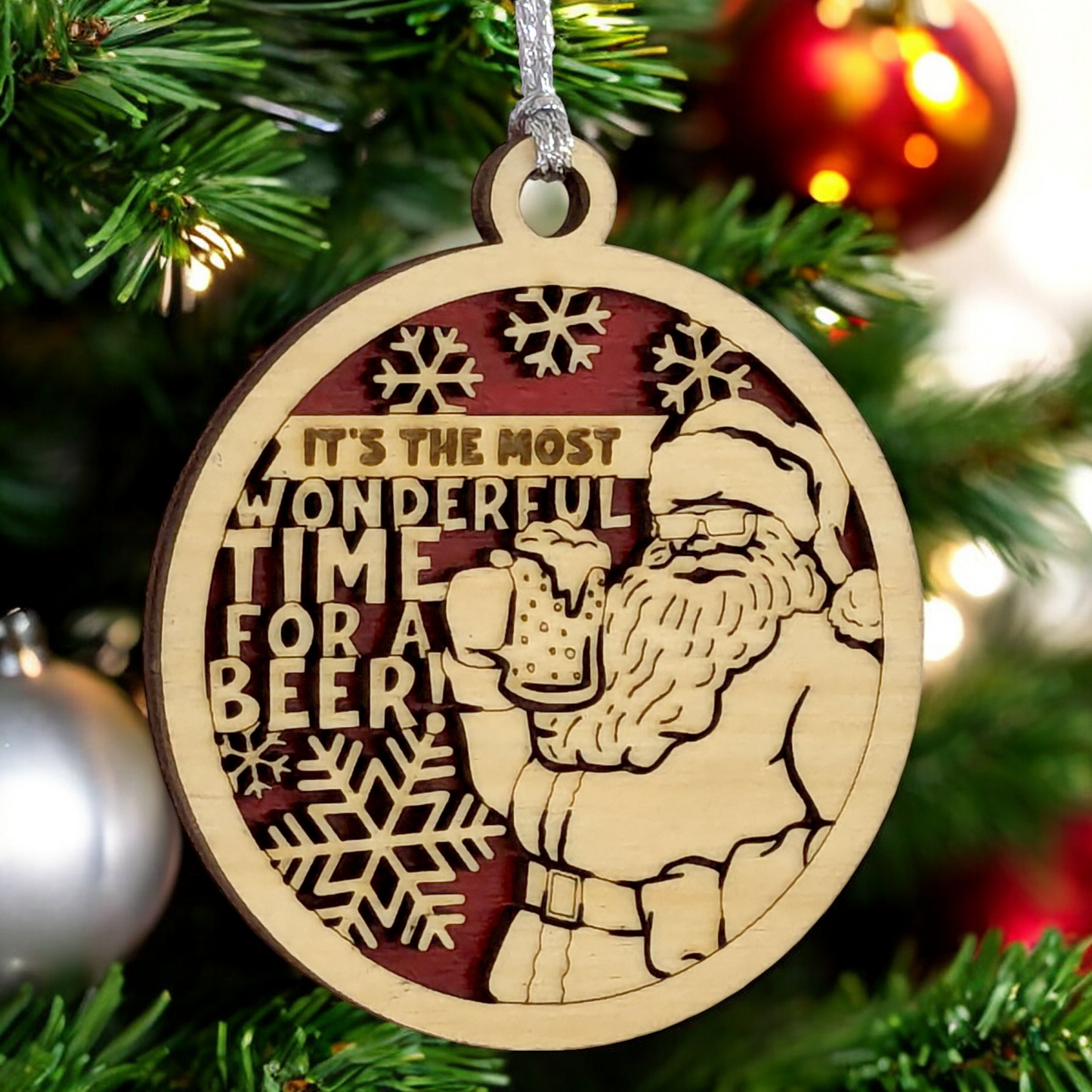 Funny Santa Beer Christmas Ornament - Naughty Wood Laser Cut Decoration - Handmade in USA