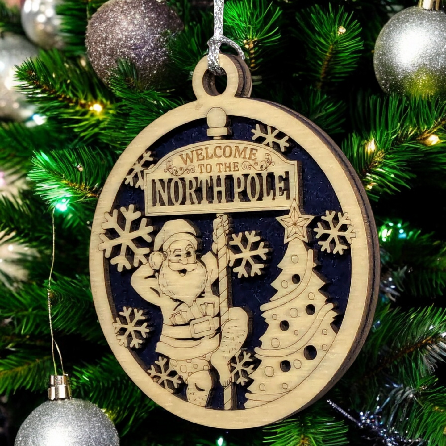 3" Round Two Layer Laser Cut Ornament - Funny Santa in Boxers Dancing Pole Near Tree with Snowflakes, 'Welcome to the North Pole' Sarcastic Humor - Handmade USA Wood Holiday Gag Gift Decor
