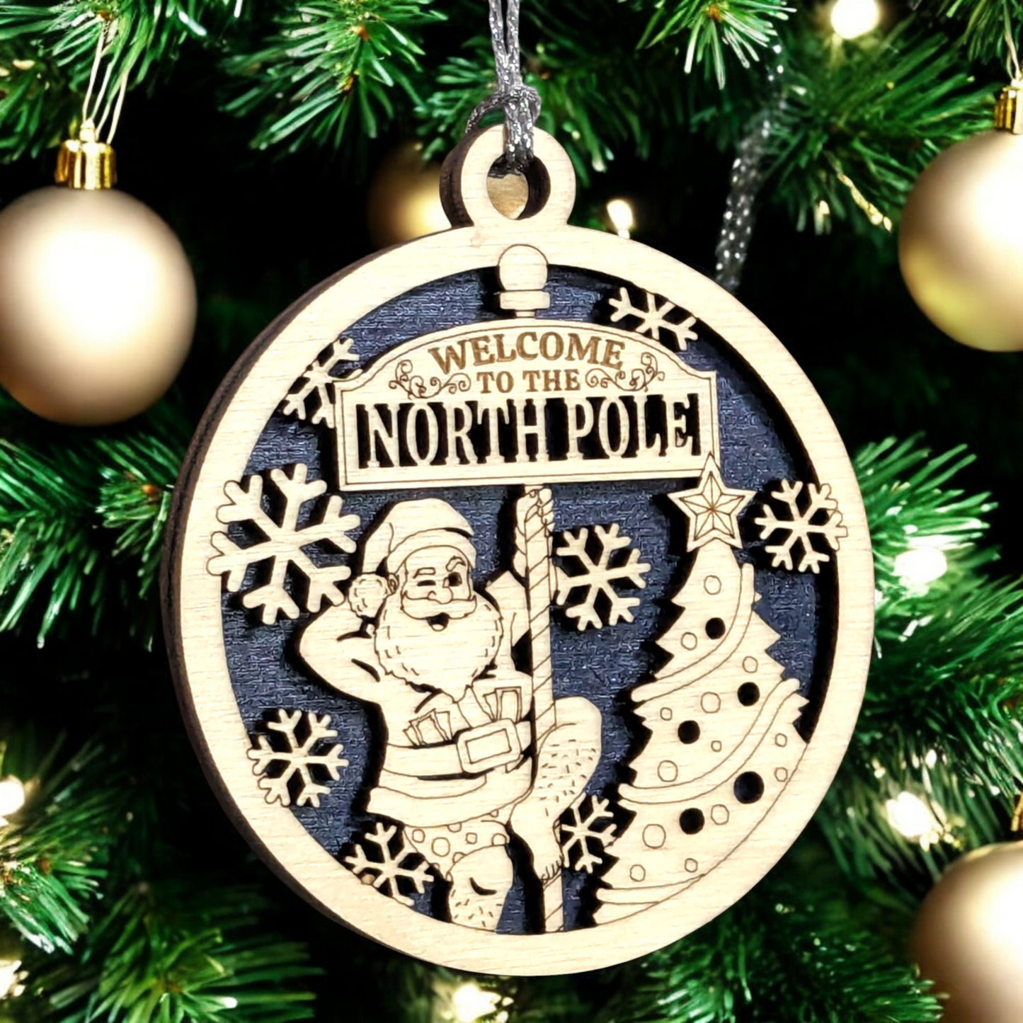 3" Round Two Layer Laser Cut Ornament - Funny Santa in Boxers Dancing Pole Near Tree with Snowflakes, 'Welcome to the North Pole' Sarcastic Humor - Handmade USA Wood Holiday Gag Gift Decor