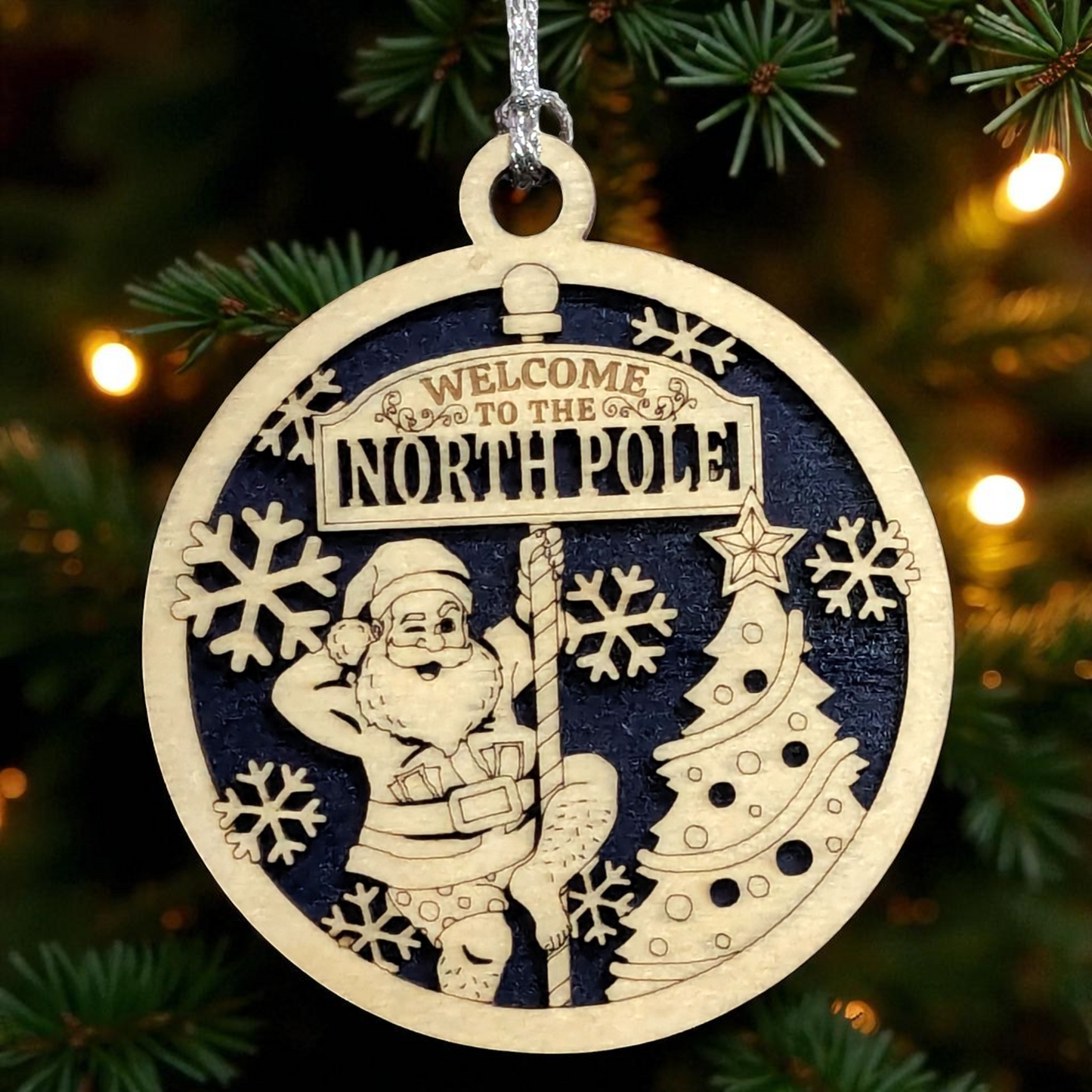 3" Round Two Layer Laser Cut Ornament - Funny Santa in Boxers Dancing Pole Near Tree with Snowflakes, 'Welcome to the North Pole' Sarcastic Humor - Handmade USA Wood Holiday Gag Gift Decor