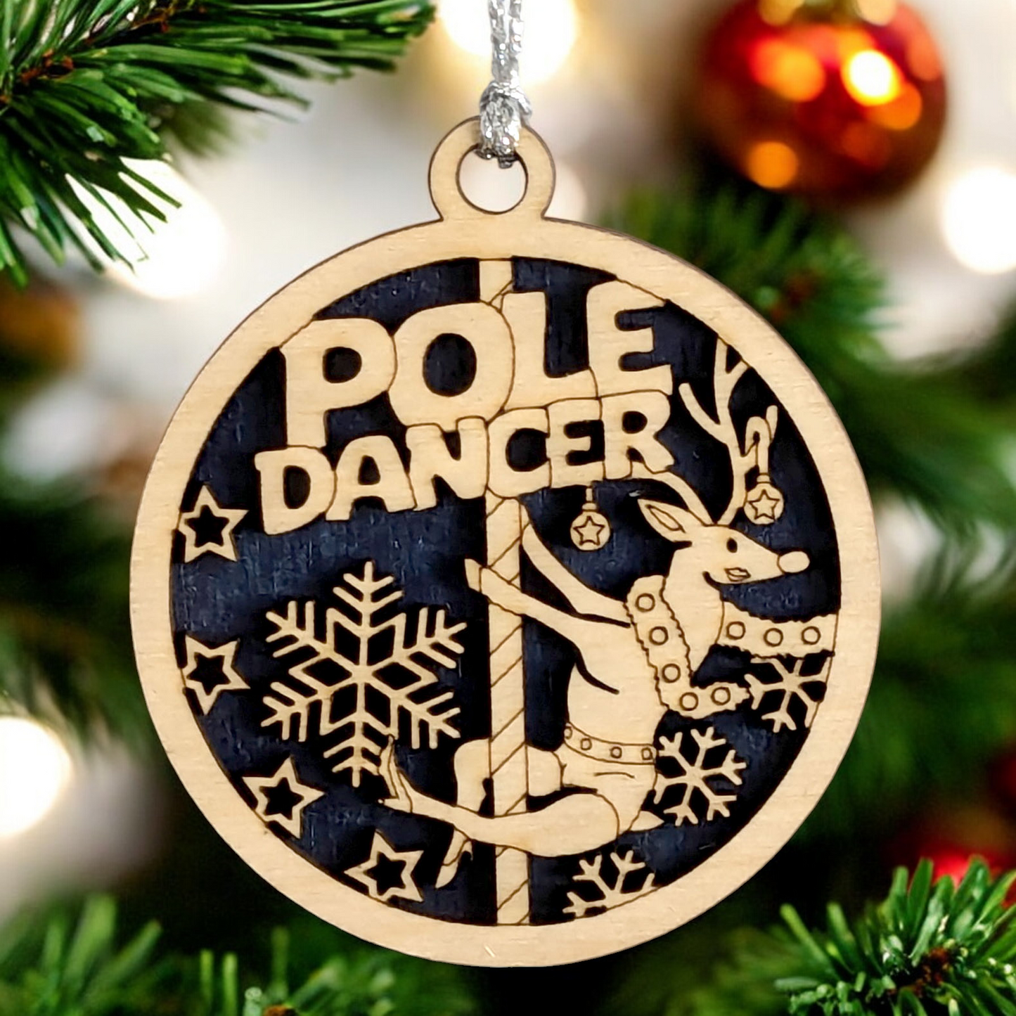 Naughty Reindeer Pole Dancer Christmas Ornament - Funny Adult Humor Holiday Decoration - 3" Wood Laser Cut