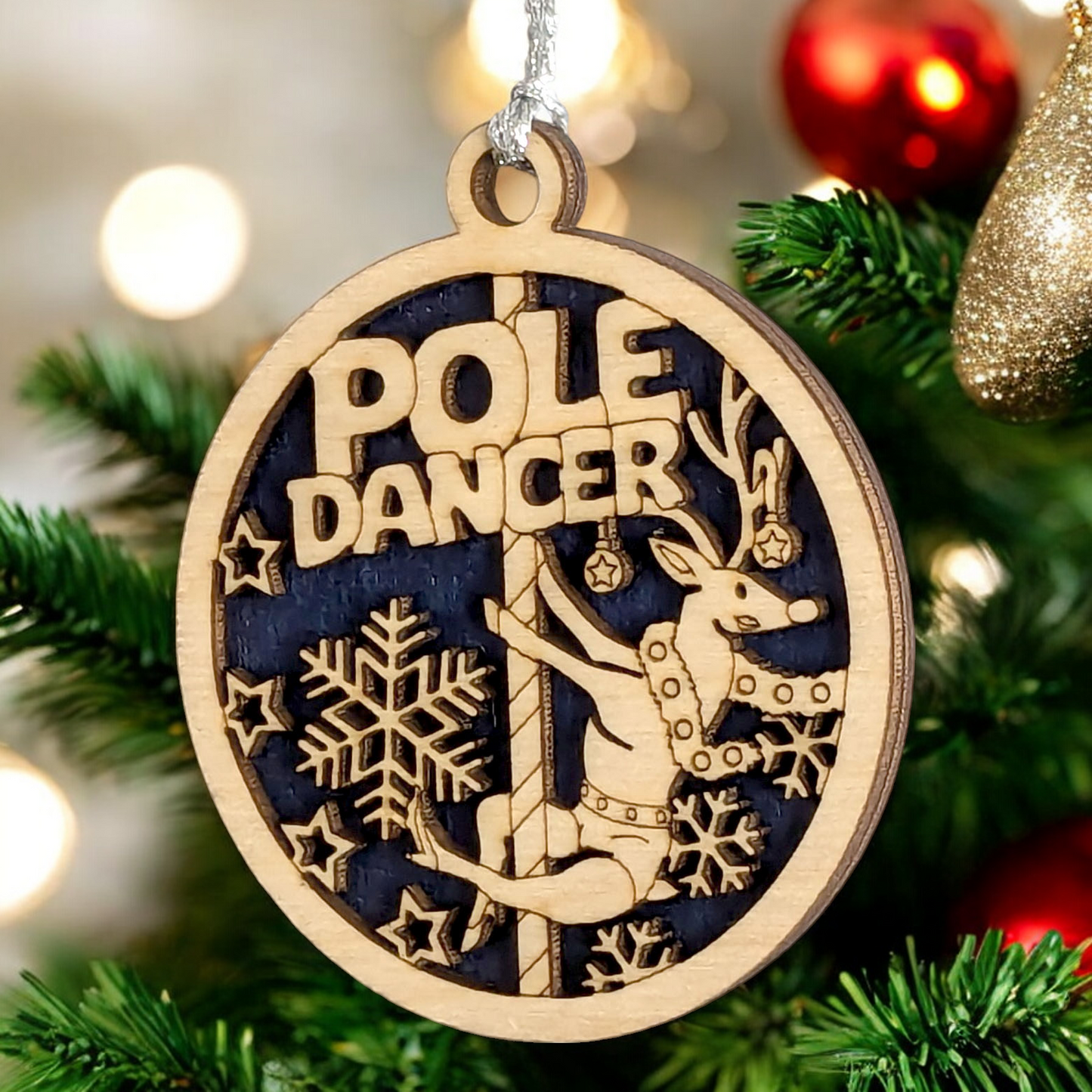 Naughty Reindeer Pole Dancer Christmas Ornament - Funny Adult Humor Holiday Decoration - 3" Wood Laser Cut