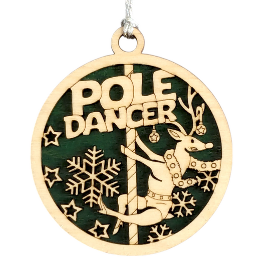 Naughty Reindeer Pole Dancer Christmas Ornament - Funny Adult Humor Holiday Decoration - 3" Wood Laser Cut