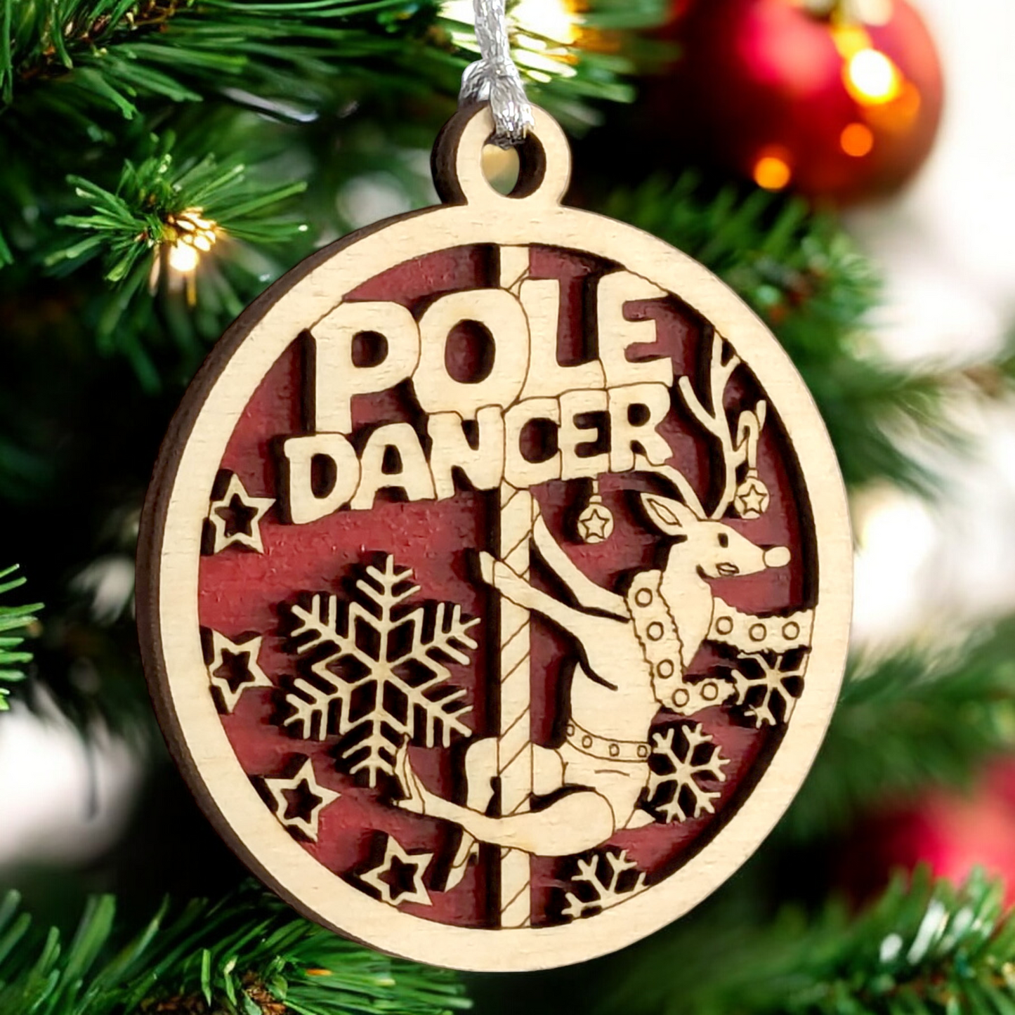 Naughty Reindeer Pole Dancer Christmas Ornament - Funny Adult Humor Holiday Decoration - 3" Wood Laser Cut