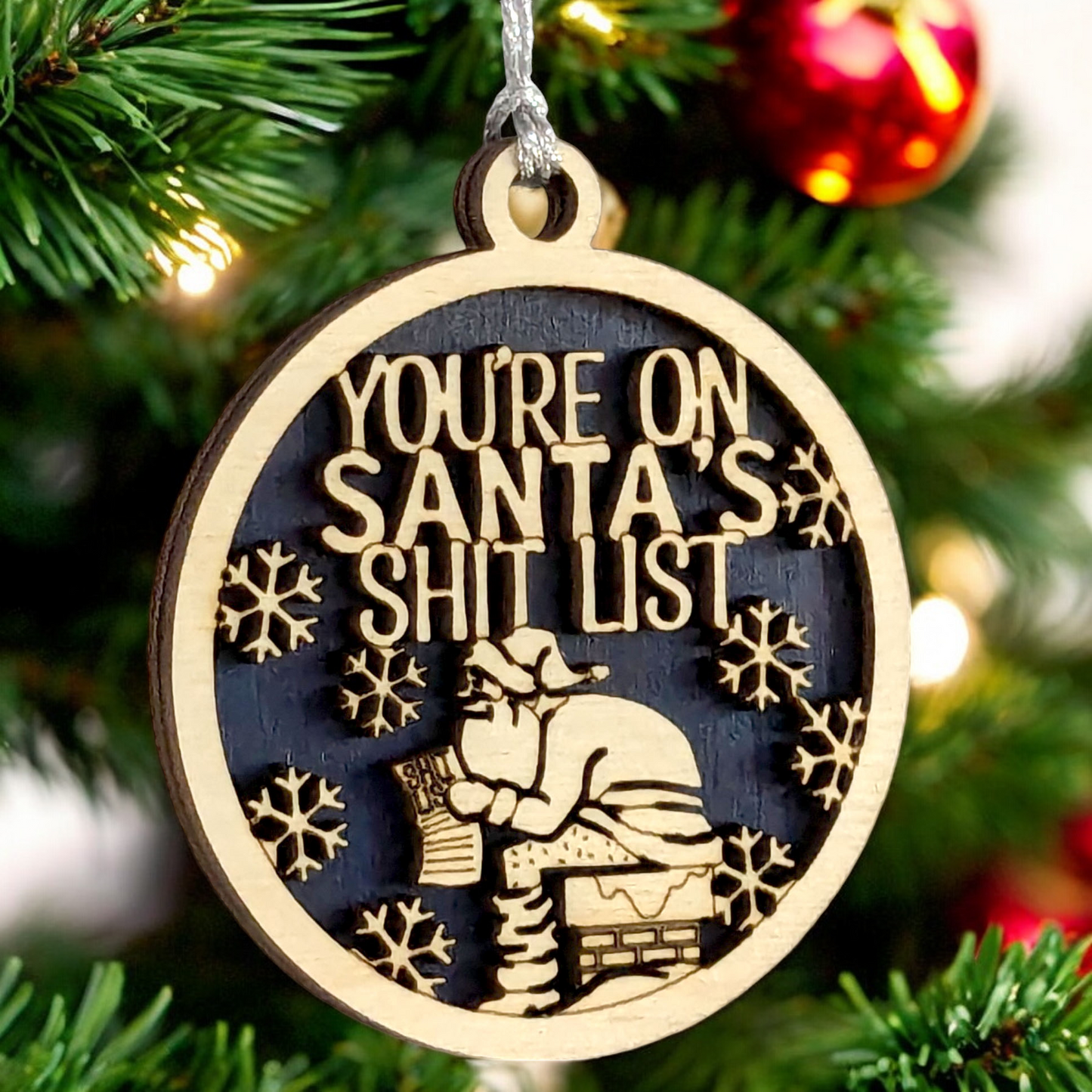 Naughty Santa Pooping Chimney Wood Christmas Ornament - Funny Adult Gag Gift - Handmade in USA