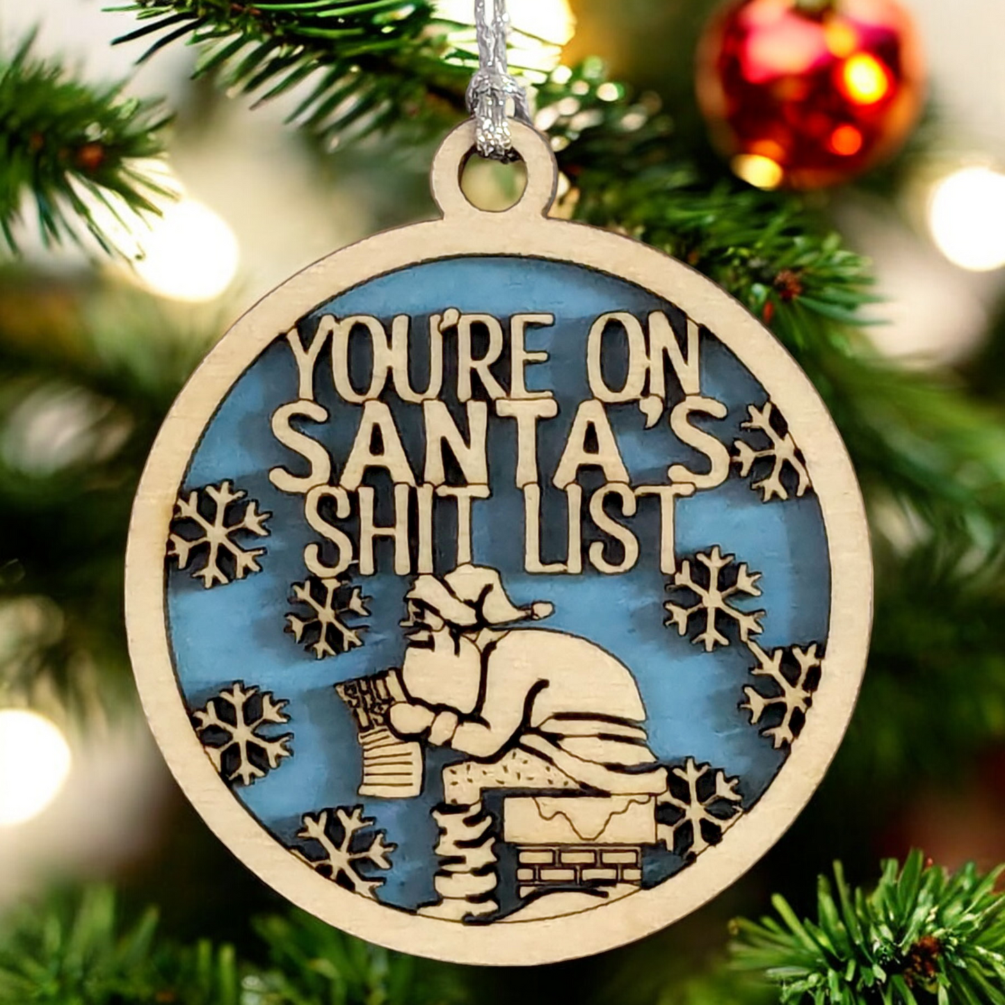 Naughty Santa Pooping Chimney Wood Christmas Ornament - Funny Adult Gag Gift - Handmade in USA