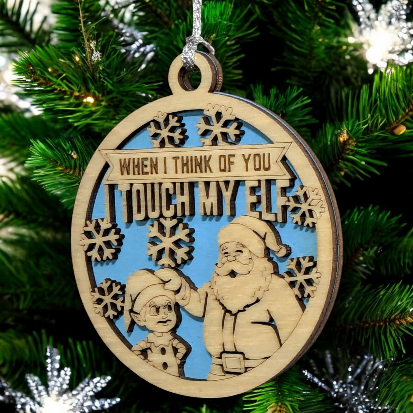 3" Round Two Layer Laser Cut Ornament - Funny Santa & Elf Humor, Sarcastic Holiday Decor, Handmade in USA, Natural Wood Xmas Tree Decoration with Snowflakes, Perfect Adult Comedy Gift