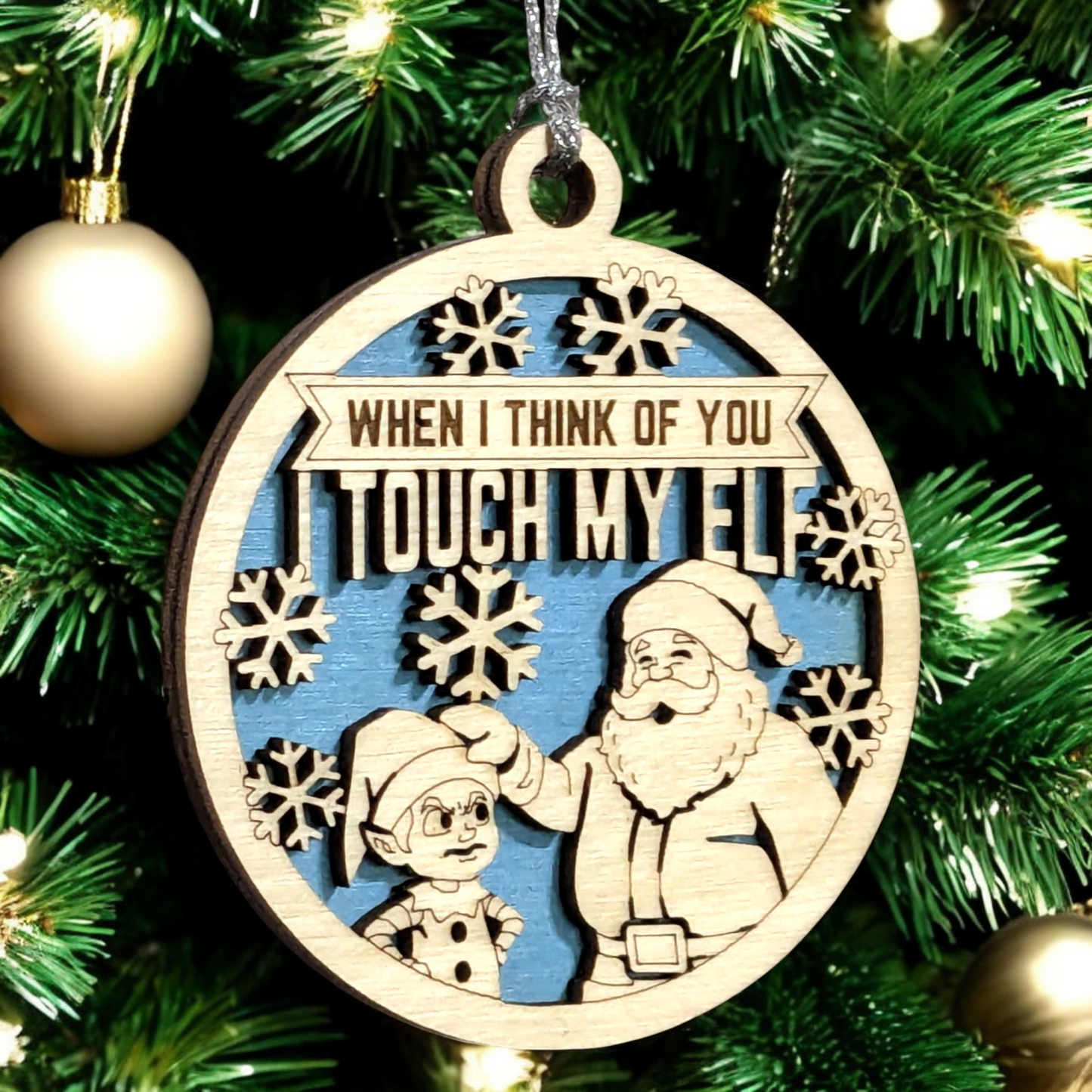 3" Round Two Layer Laser Cut Ornament - Funny Santa & Elf Humor, Sarcastic Holiday Decor, Handmade in USA, Natural Wood Xmas Tree Decoration with Snowflakes, Perfect Adult Comedy Gift